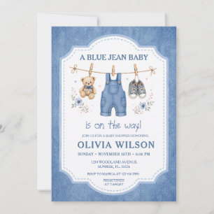 Blaue Jeans-Denim-Wäscheleine-Baby-Shower-Einladun Einladung