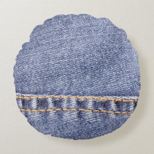 Blaue Jeans: detaillierte Nähtextur. Rundes Kissen