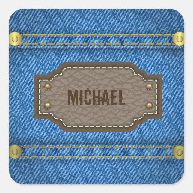 Blaue Jeans mit Ledermarke Quadratischer Aufkleber (Vorderseite)