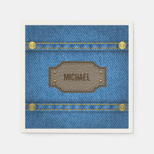 Blaue Jeans mit Ledermarke Serviette (Vorderseite)