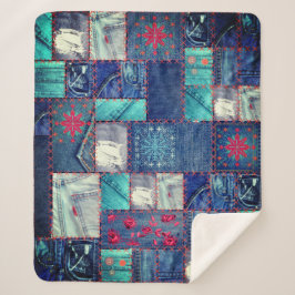 Blaue Jeans Patchwork mit Blumendetails Sherpadecke