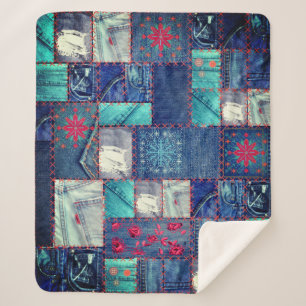 Blaue Jeans Patchwork mit Blumendetails Sherpadecke