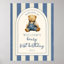 Blaue Jeans Teddybär 1. Geburtstags-Willkommenssch
