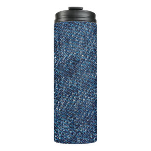 Blaue Jeans Textur Hintergrund. Thermosbecher
