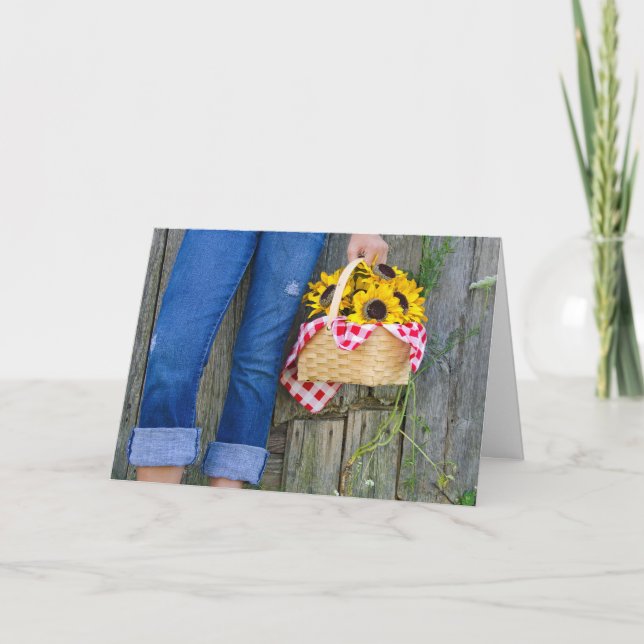 Blaue Jeans und Sonnenblumen Geburtstag Karte (Vorderseite)