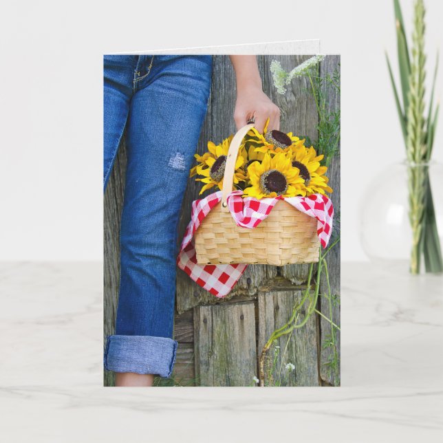 Blaue Jeans und Sonnenblumen zum Geburtstag Karte (Vorderseite)