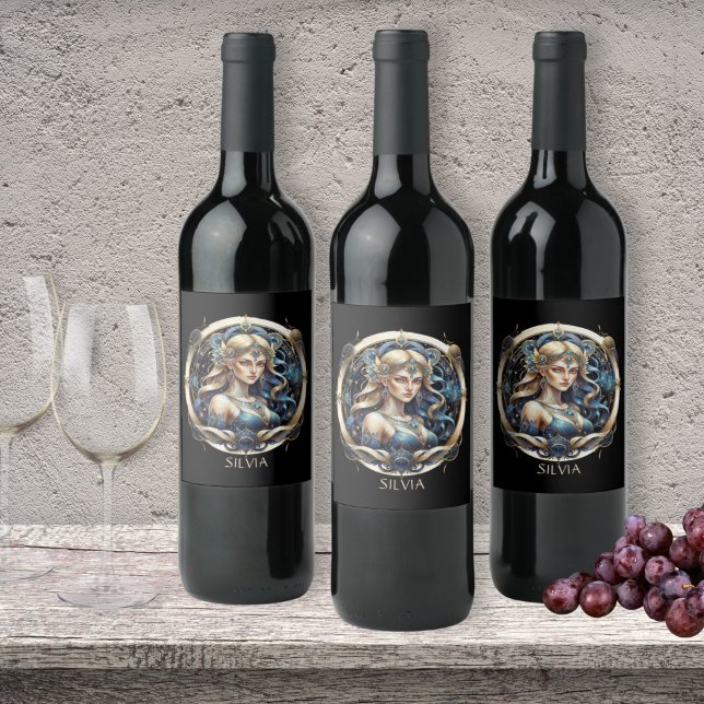 Blaue Jungfrau Typografie Astrologie Symbol Virgo Weinetikett (Von Creator hochgeladen)