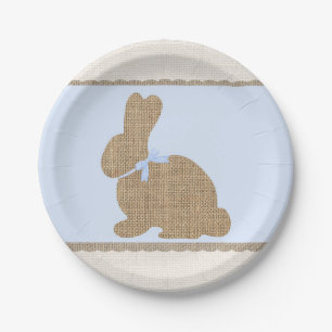 Blaue & Jute Rustikales Häschen Oster-Babyshower Pappteller