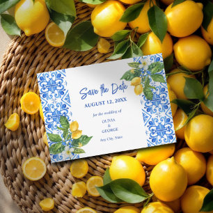 Blaue Kacheln und Zitronen Save the Date