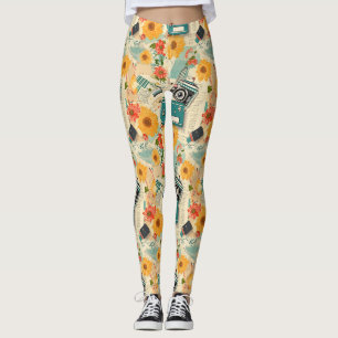 Blaue Kamera Goldene Sonnenblume Sommer Collage Leggings