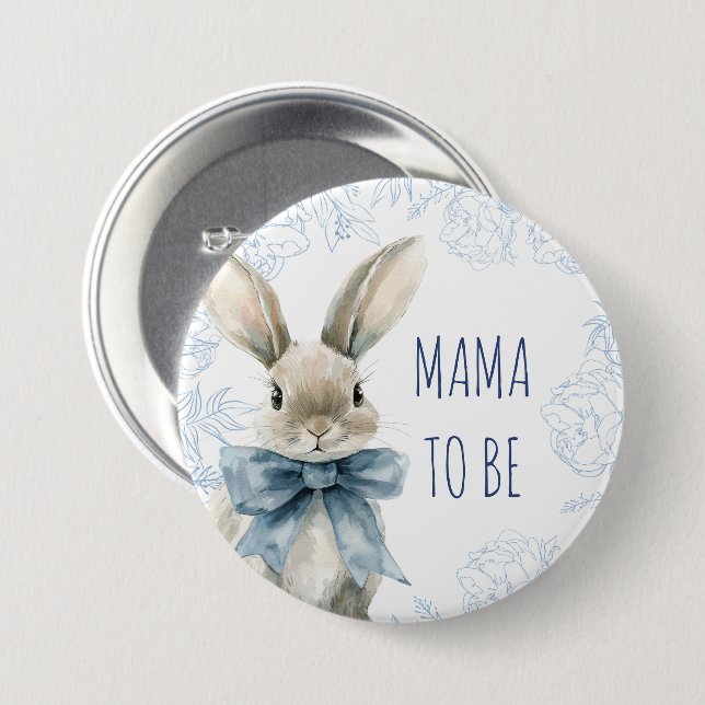 Blaue Kaninchen-Mama als Babydusche Button (Vorne & Hinten)