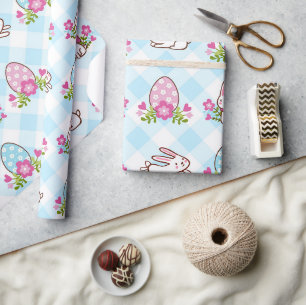 Blaue Karierte Bunnies und Eier Geschenkpapier