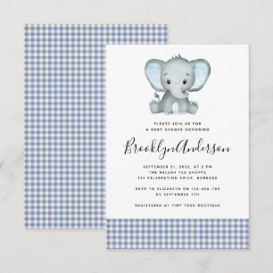 Blaue Karierte-Elefanten-Baby-Party Einladung