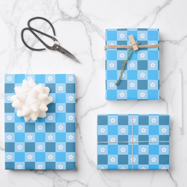 Blaue Karierte Floral Geschenkpapier Set (Vorderseite)