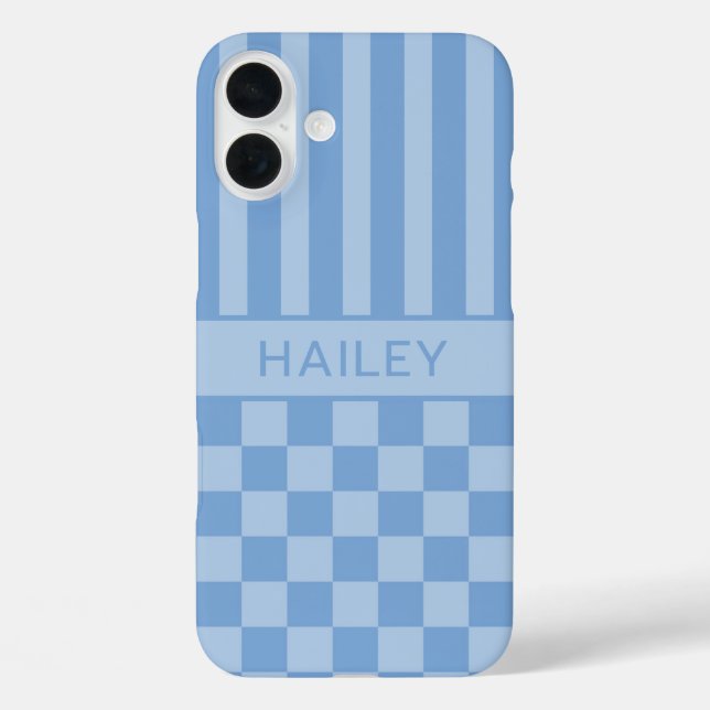 Blaue Karierte Gestreifte Personalisierte iPhone 16 Plus Hülle (Rückseite)
