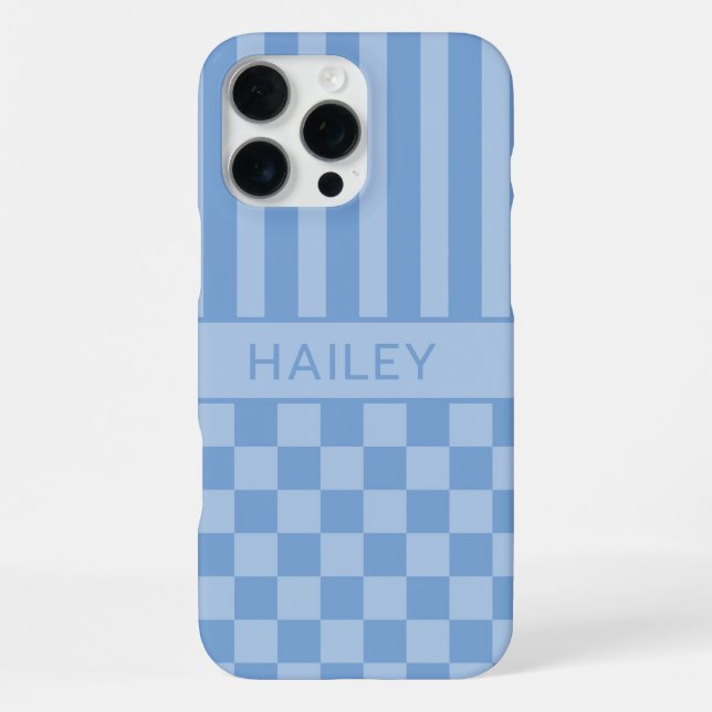 Blaue Karierte Gestreifte Personalisierte iPhone 16 Pro Max Hülle (Rückseite)