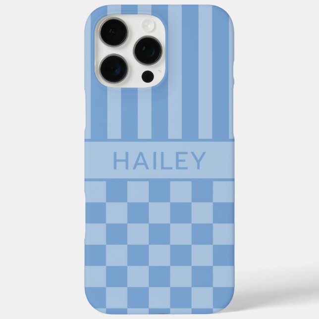 Blaue Karierte Gestreifte Personalisierte iPhone 16 Pro Max Hülle (Rückseite)