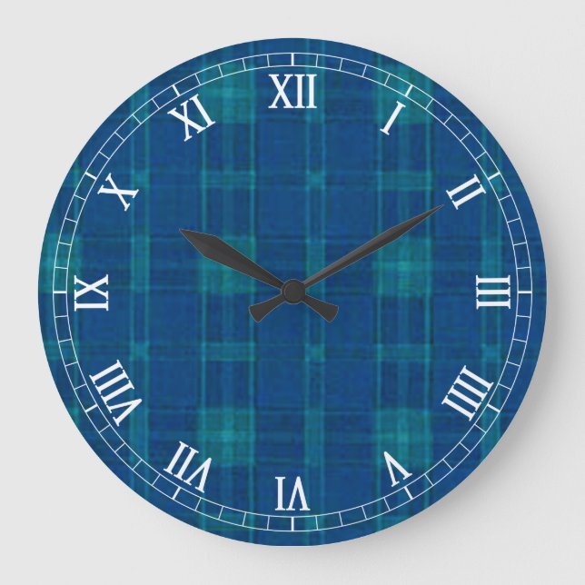Blaue Karierte Rundrömische Zahlenzähler Große Wanduhr (Vorderseite)
