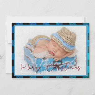 Blaue Karo-Baby-Ankündigungs-Foto-Weihnachtskarte Feiertagskarte