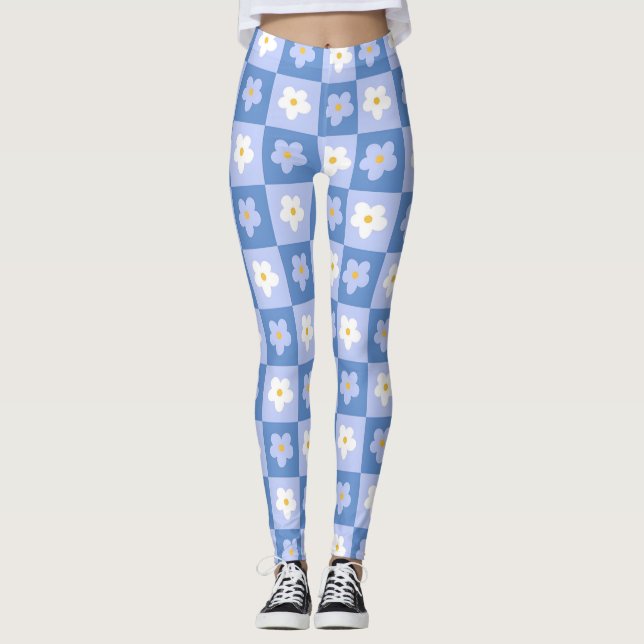 Blaue Karo-Daisy Retro  Leggings (Vorderseite)