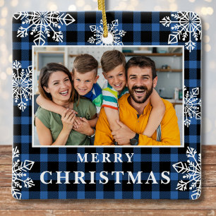 Blaue Karo-Familienfoto-Schneeflocken Weihnachten  Keramikornament