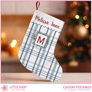 Blaue Karo Immergrün-Kranz-Monogramm Kleiner Weihnachtsstrumpf