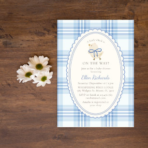 Blaue Karo Kleine Huhn Junge Baby Shower  Einladung