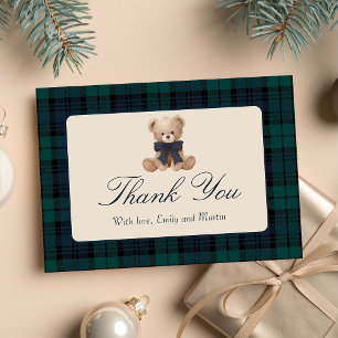 Blaue Karo-Teddybär-Baby-Shower-Dankeskarten Dankeskarte
