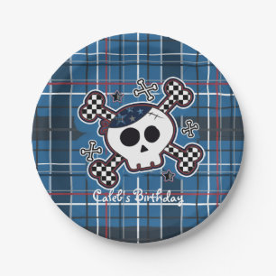 Blaue Karo-Totenkopf-und-Knochen-Geburtstagsfeier- Pappteller