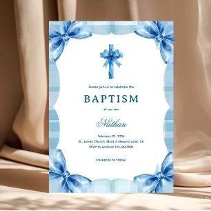 Blaue Karo-Wasserfarbe-Schleifen und Kreuz-Jungen- Einladung