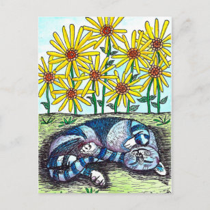 Blaue Katze & Gelbe Blumen Postkarte