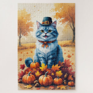 Blaue Katze im Herbst hinterlässt Erntedank