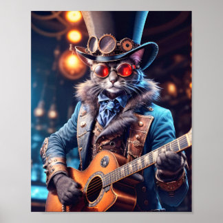 Blaue Katze in Steampunkkleid Gitarre im Pub Poster