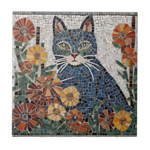 Blaue Katze mit Blume geflecktem Mosaik Fliese