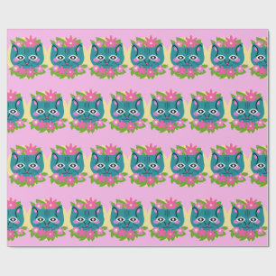 Blaue Katze mit rosa Blume Geschenkpapier