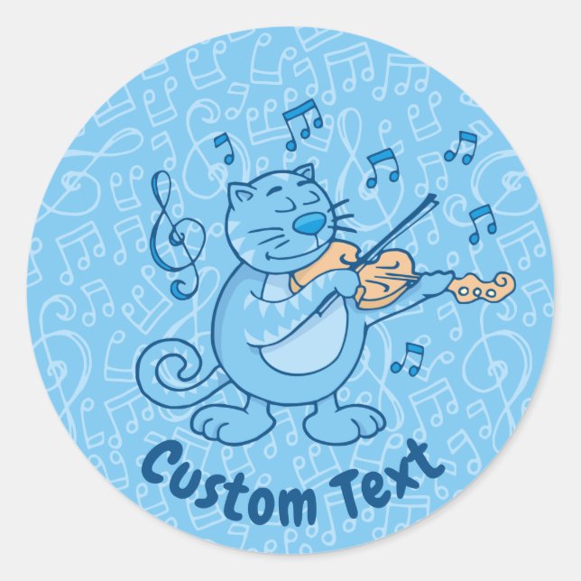 Blaue Katze mit Violin Klassischer Rundaufkleber Runder Aufkleber (Vorderseite)