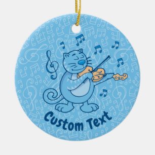 Blaue Katze mit Violine Keramik Ornament