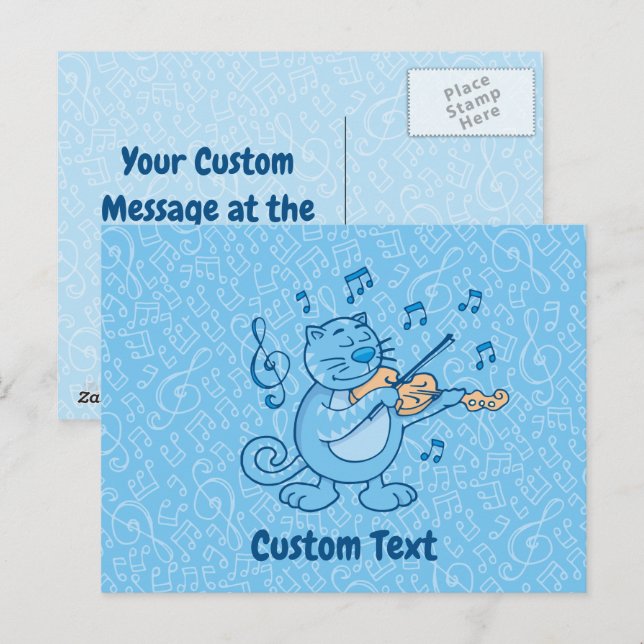 Blaue Katze mit Violine Postkarte (Vorne/Hinten)