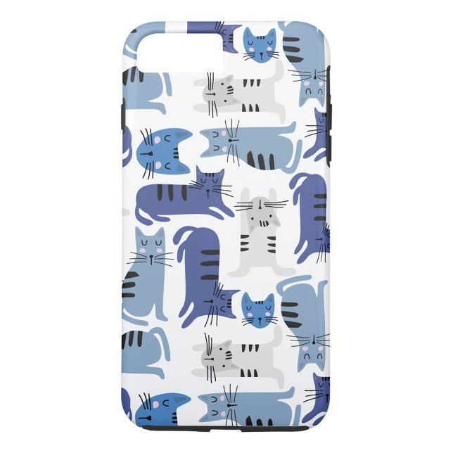 Blaue Katzen Case-Mate iPhone Hülle (A phone case with a pattern of cartoon cats in various shades of blue and gray on a white background)