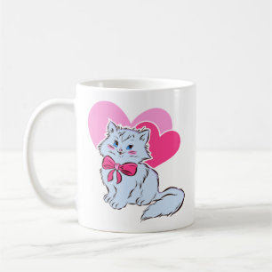 Blaue Kawaii-Katze mit rosa Schleife und Herzen Kaffeetasse