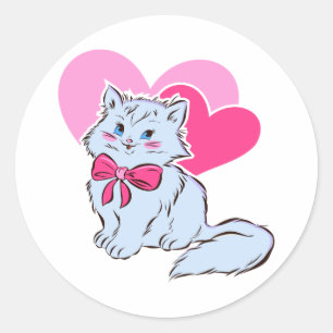 Blaue Kawaii-Katze mit rosa Schleife und Herzen Runder Aufkleber
