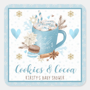 Blaue Kekse und Kakao-Baby-Shower Quadratischer Aufkleber