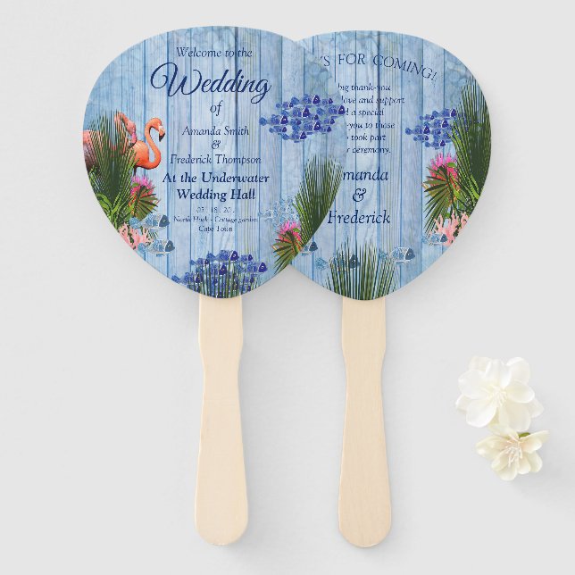 Blaue Kiesel, rosa Flamingos und Fisch Fächer (Vorne und Hinten)