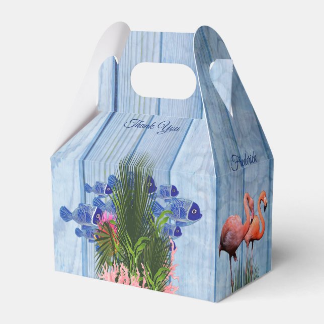 Blaue Kiesel, rosa Flamingos und Fisch Geschenkschachtel (Vorderseite)
