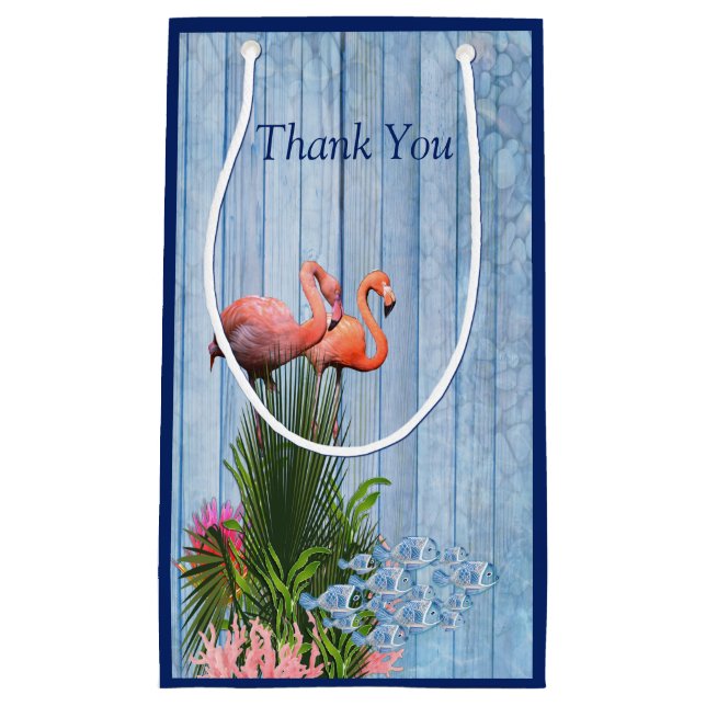 Blaue Kiesel, rosa Flamingos und Fisch Kleine Geschenktüte (Vorderseite)