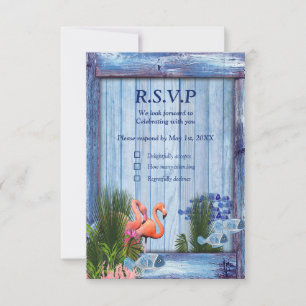 Blaue Kiesel, rosa Flamingos und Fisch RSVP Karte