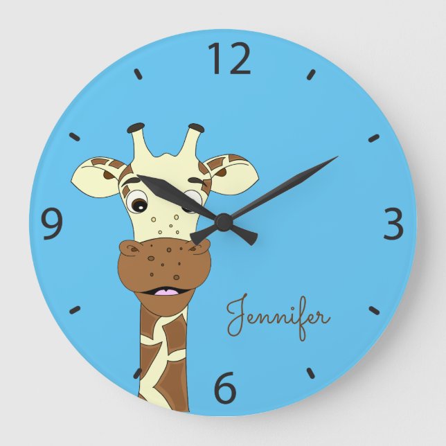 Blaue Kinder des lustigen Giraffen-Cartoon nennen Große Wanduhr (Vorderseite)