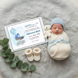 Blaue Kinderwagen-Ballon-Aqiqah-Muslim-Baby-Junge- Einladung