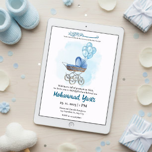 Blaue Kinderwagen-Ballon-Aqiqah muslimischer Babyj Einladung