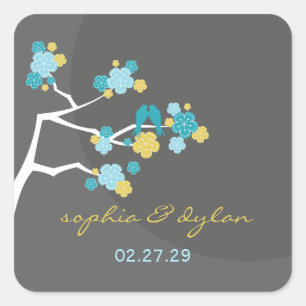 Blaue Kirschblüten lieben Vögel Hochzeitsticker Quadratischer Aufkleber